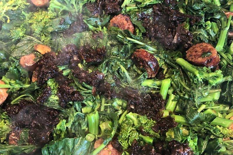 BROCCOLINI ITALIAN SAUSAGE WITH  EAT THIS YUM BALSAMIC CARAMELIZED ONION